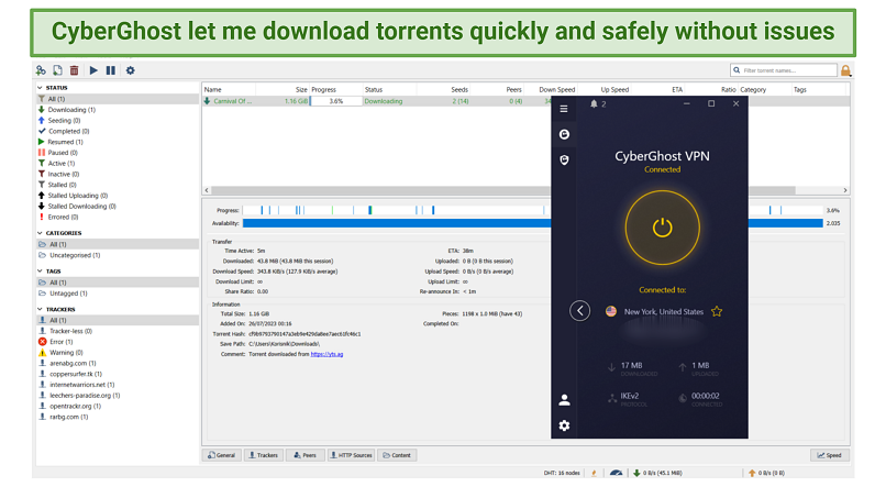 Screenshot of downloading a torrent with CyberGhost