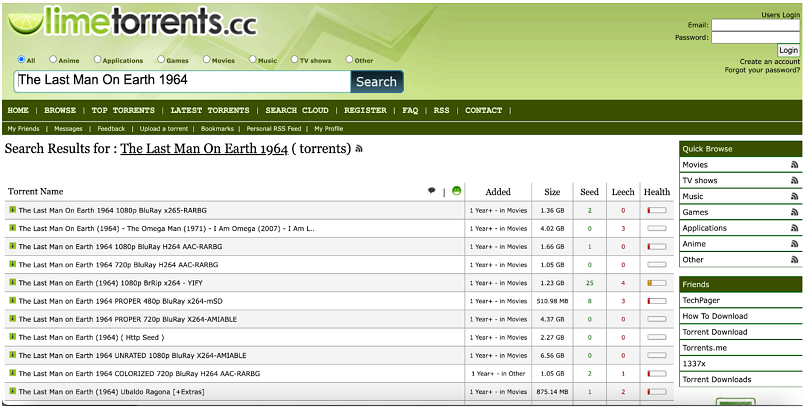 Une capture d'écran du site Web Limtorrent