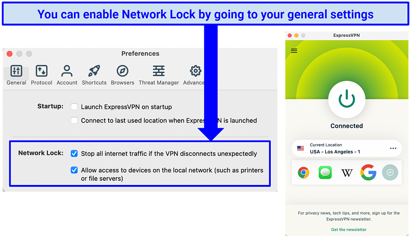 A screenshot of ExpressVPN's Network Lock kill switch preventing data leaks