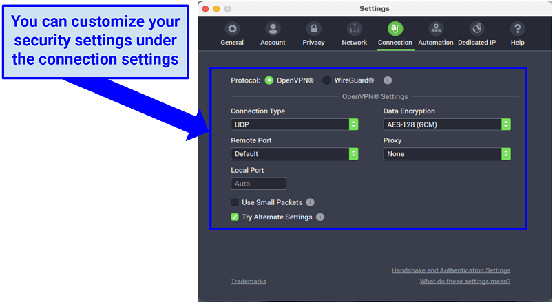 A picture of PIA's security settings