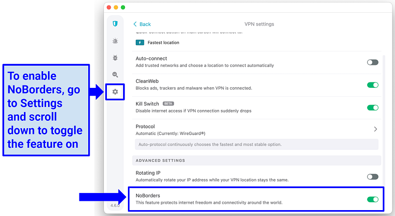 A screenshot of Surfshark's app interface showing you how to enable its NoBorders obfuscation feature