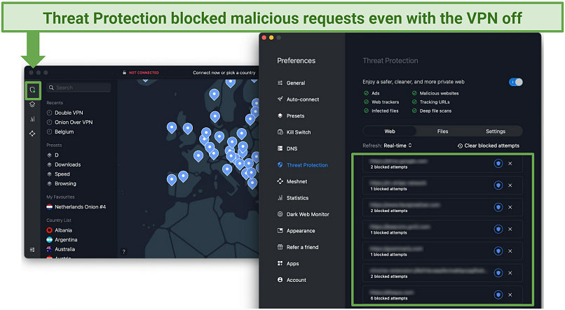 A screenshot of NordVPN's Threat Protection blocking malicious attempts even with the VPN off