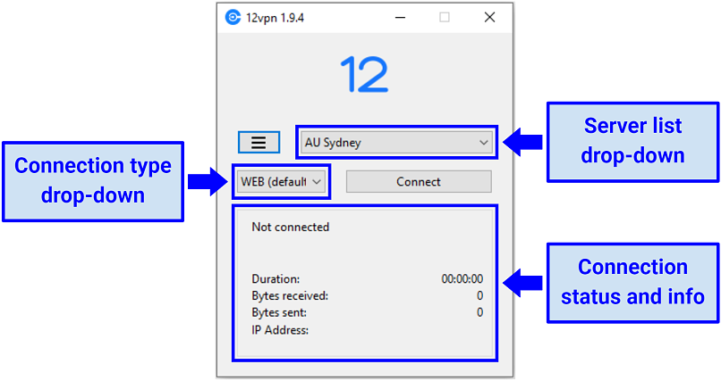 Screenshot of 12VPN' Windows app