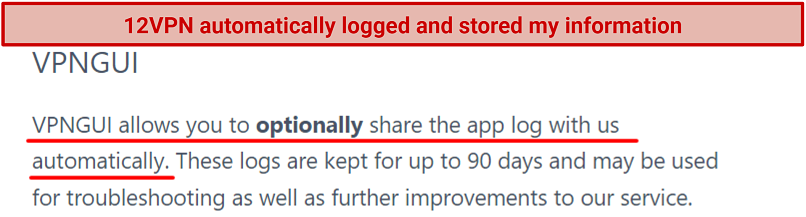 A screenshot of 12VPN's privacy policy showing that it logs your data