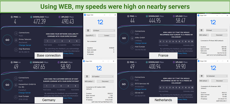 Screenshots of 12VPN's speed test on the French, German, and Netherlands servers using WEB connection