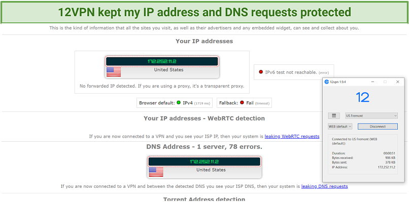 A screenshot of a leak test on 12VPN, showing that the VPN prevents leaks