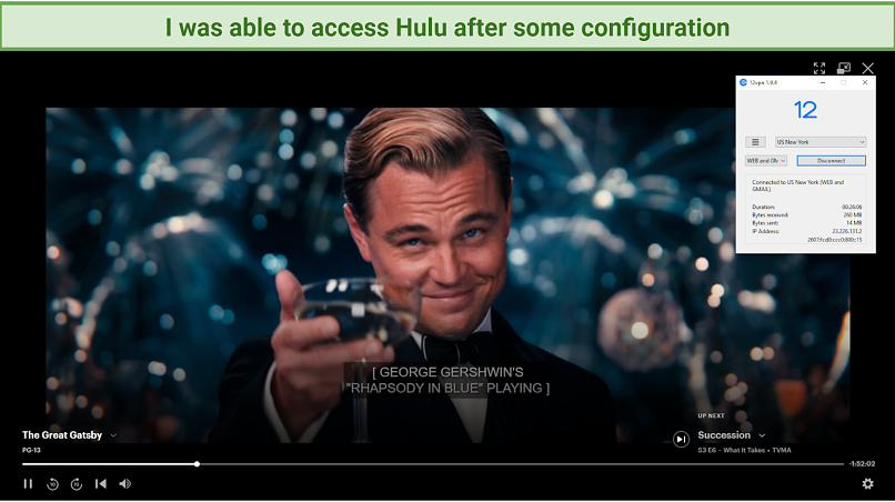 A screenshot of The Great Gatsby playing on Hulu using 12VPN, connected to the New York server using WEB connection type