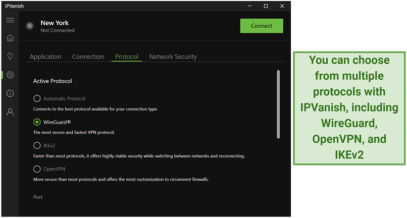 A screenshot of IPVanish's Protocol tab in the Settings menu showing all of the available protocol options