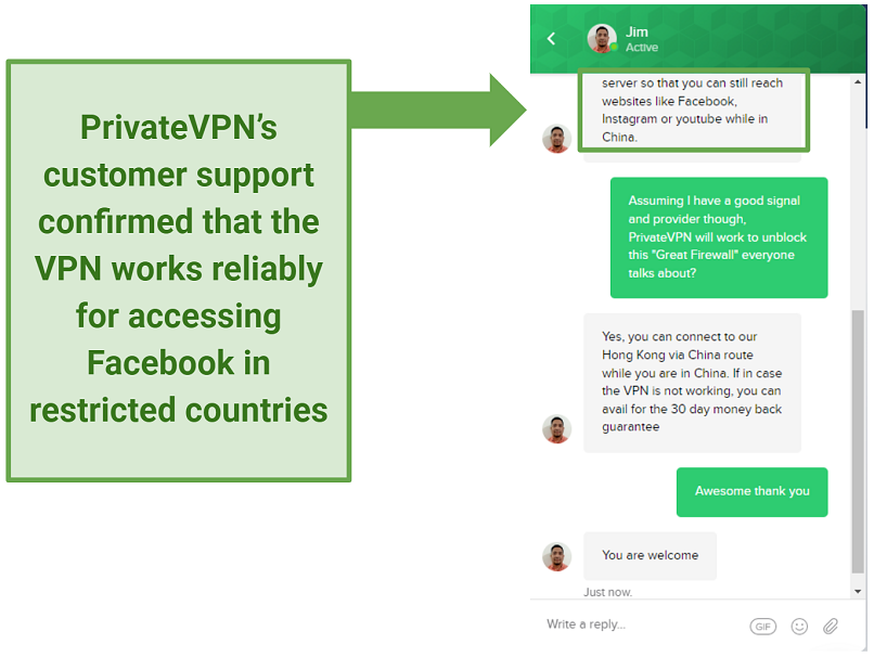 A screenshot of PrivateVPN's live chat support communication where the representative confirms that the VPN works in China