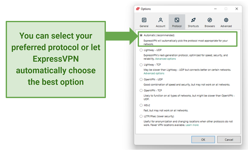 A screenshot of ExpressVPN's Protocol tab in the Settings menu