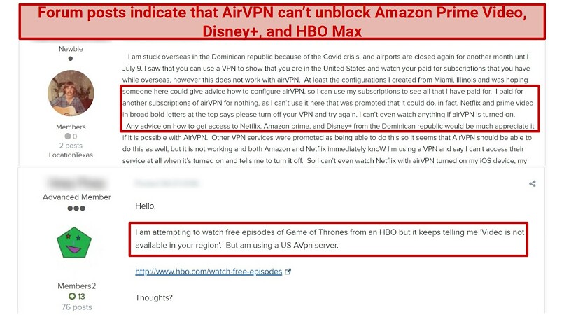 A screenshot showing forum posts from AirVPN users saying that it can't unblock Amazon Prime Video, Disney+, and HBO Max