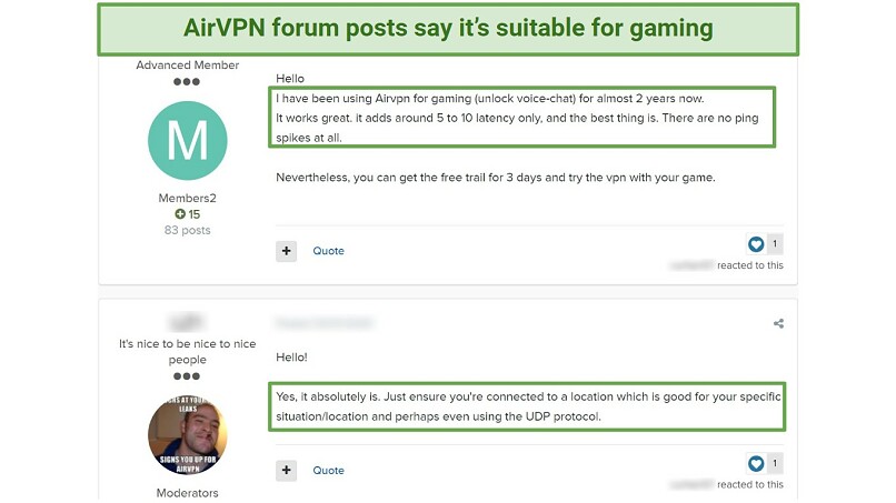 Screenshot from AirVPN's official forum talking about gaming features that the VPN can unlock