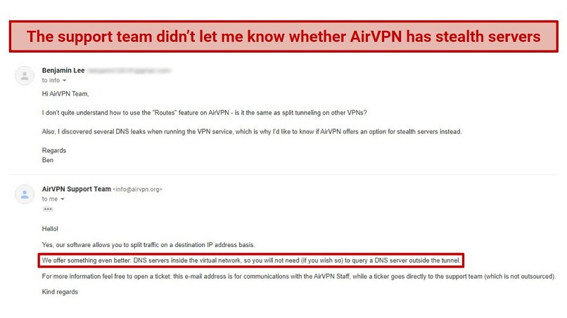 A screenshot of my email exchange with AirVPN's staff about stealth servers and split tunneling