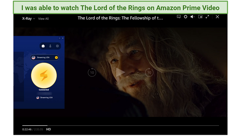Screenshot of Fellowship of the Ring streaming on Amazon Prime Video player while connected to FastestVPN
