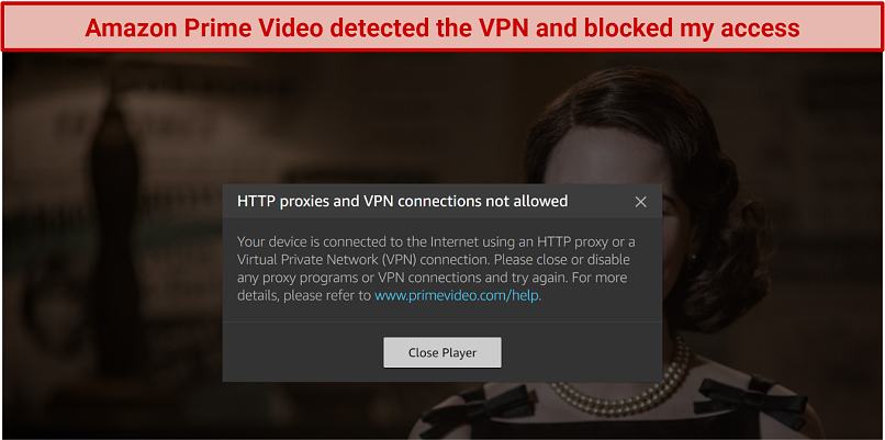 screenshot of Amazon Prime Player blocked with ActiVPN