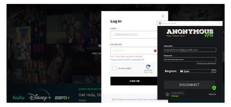 A screenshot of my attempt to log into Hulu with Anonymous VPN
