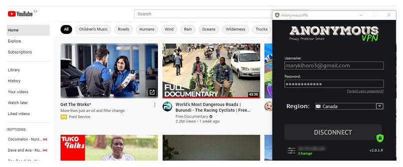 A screenshot of Anonymous VPN unblocking YouTube CA