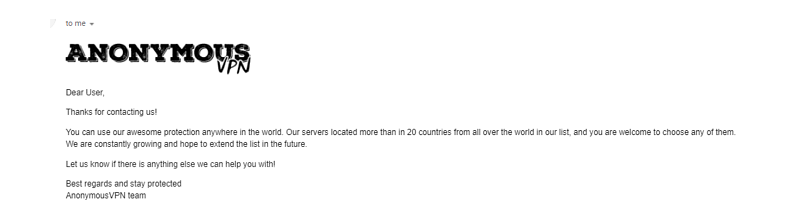 A screenshot of an email from Anonymous VPN
