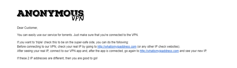 A screenshot of an email from Anonymous VPN