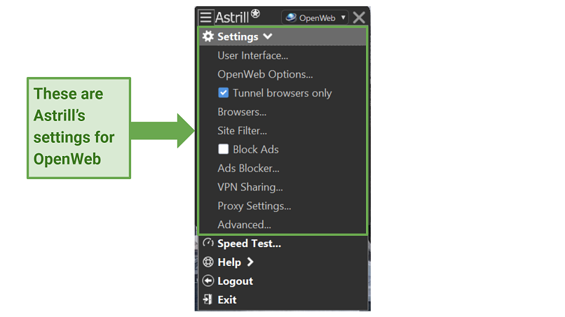 Gráfico que muestra la configuración de Astrill