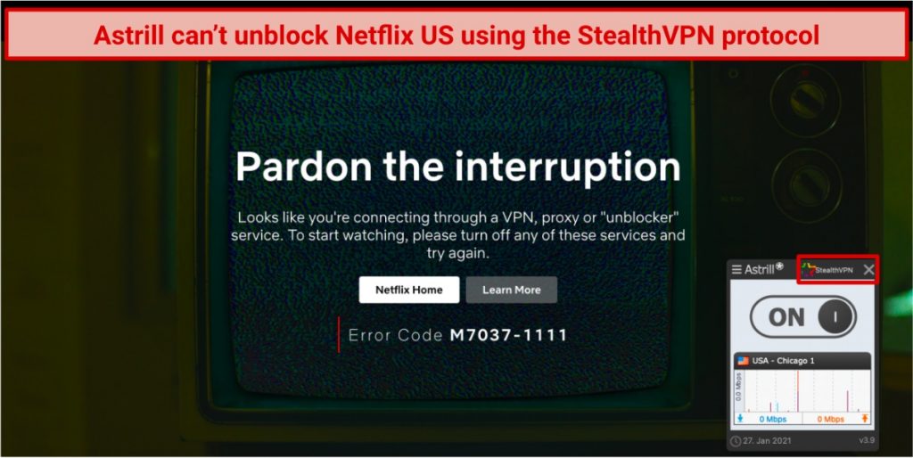 Captura de pantalla del reproductor Netflix bloqueado mientras está conectado a Astrillvpn