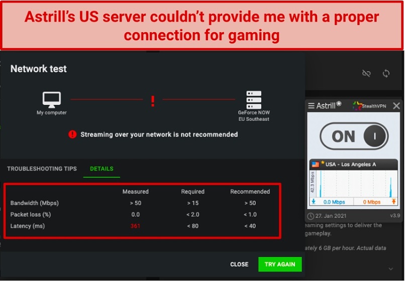 A screenshot showing Astrill VPN isn't good for gaming