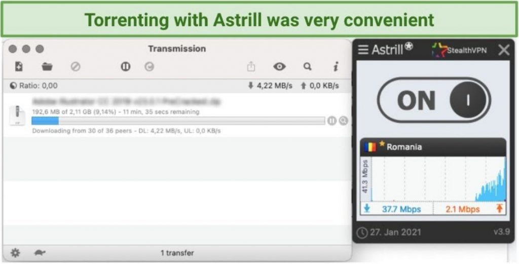 Una captura de pantalla de Astrill que se usa para torrenting