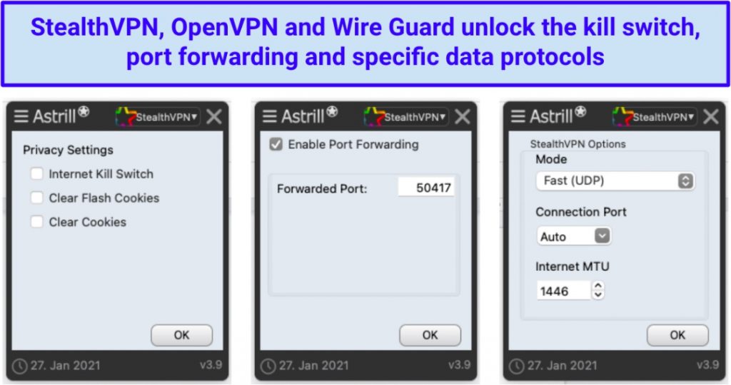 Una captura de pantalla de la aplicación Astrill VPN que muestra su configuración de seguridad