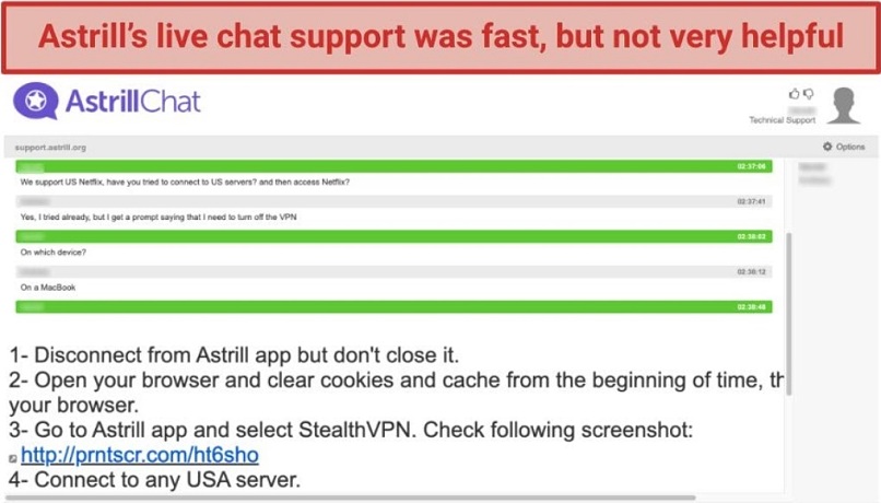 A screenshot of a conversation with Astrill VPN's live chat. 