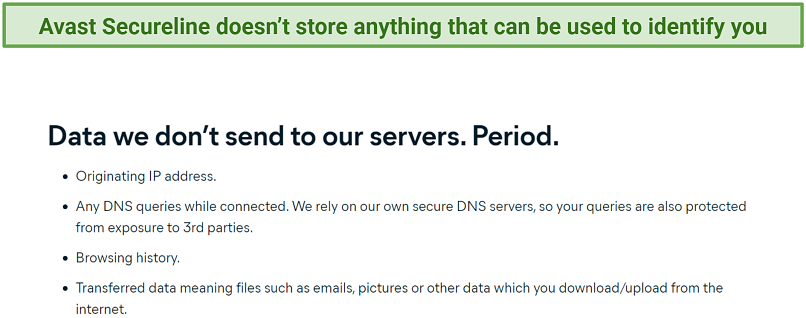 Screenshot of Avast Secureline's privacy policy showing what it doesn't store