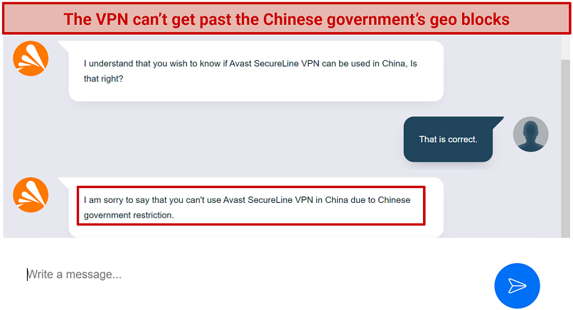 Screenshot of live chat conversation with Avast Secureline where I was told the VPN doesn't work in China