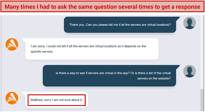 Screenshot of live chat where the staff couldn't tell me how to find out which servers are virtual