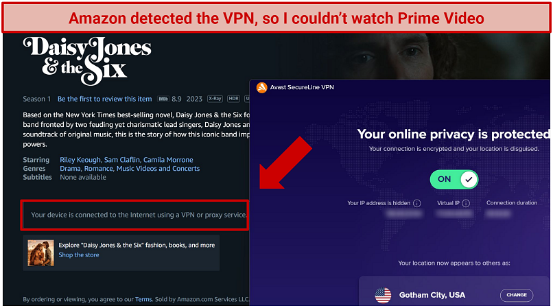 Screenshot of Amazon Prime Video blocking me while connected to Avast Secureline VPN
