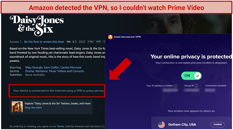 Capture d'écran d'Amazon Prime Video me bloquant tout en me connectant à Avast Secureline VPN