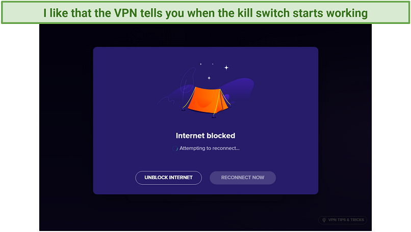 Screenshot of the app highlighting a message that pop up when the kill switch is engaged