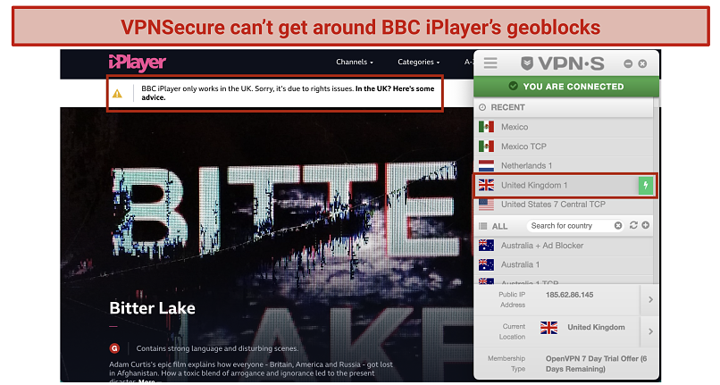 Alt text: Screenshot of a blocked message on BBC iPlayer using VPNSecure