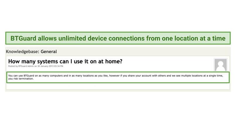 Screenshot of a page from BTGuard's Knowledge Base regarding the number of simultaneous device connections it allows