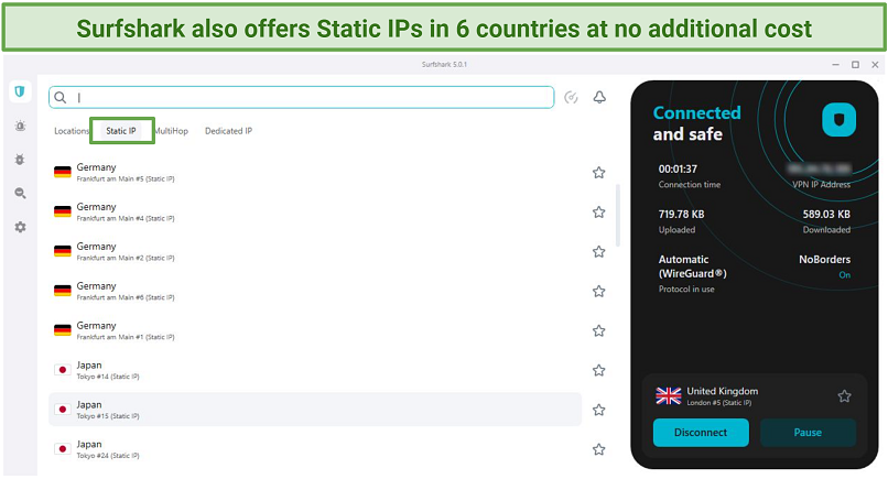 Screenshot of Surfshark's Windows interface, showing a list of its Static IPs