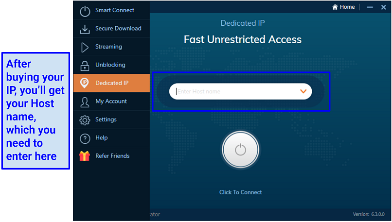 Screenshot of Ivacy VPN's Dedicated IP tab on Windows