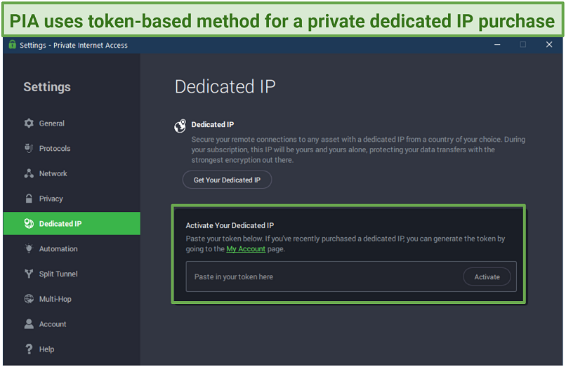Screenshot of PIA's Dedicated IP token activation page on Windows app