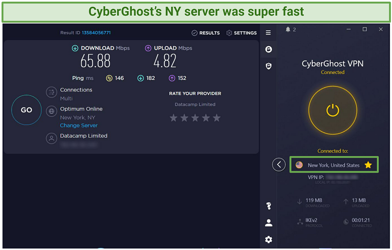 A screenshot of speed test results using CyberGhost's NY server