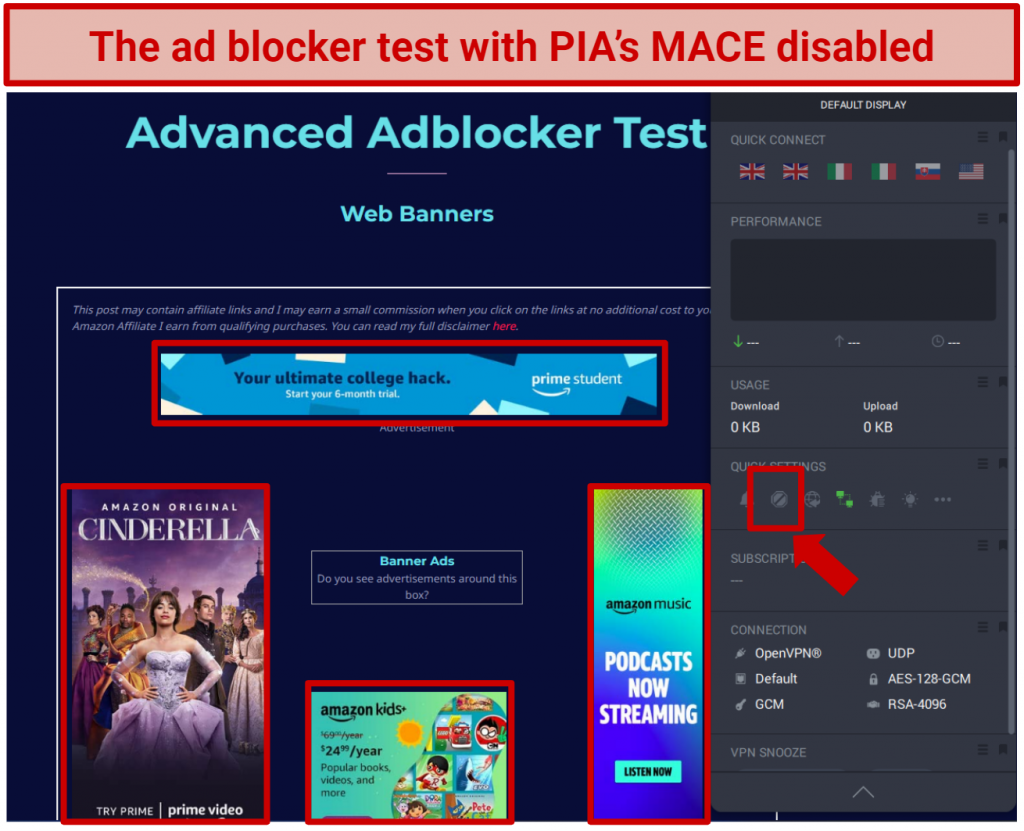 A screenshot of an advanced ad blocker test results showing the screen with and without ads using PIA's MACE feature