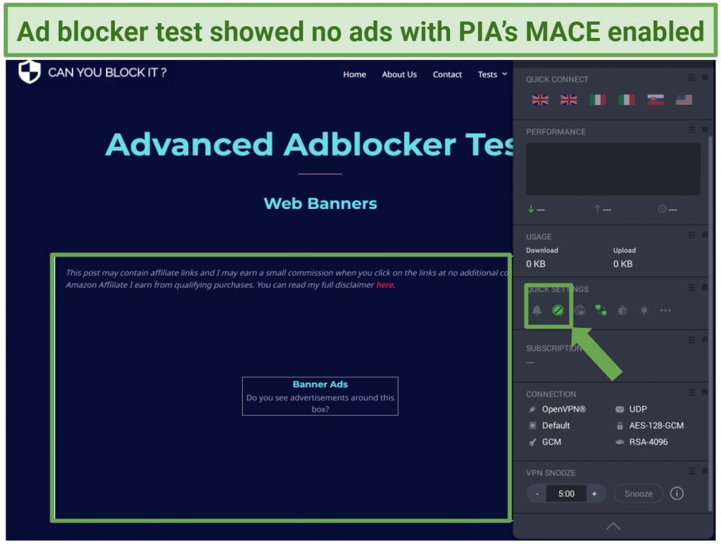 A screenshot of an advanced ad blocker test results showing the screen without ads when using PIA's MACE feature