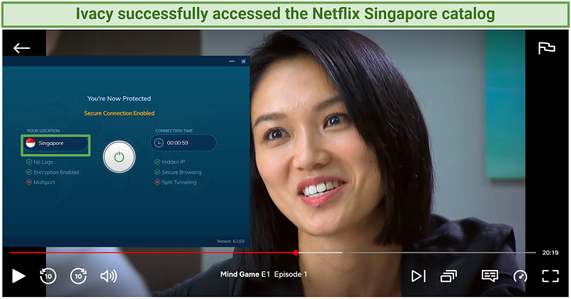 A screenshot of Ivacy unblocking Mind Game on Netflix Singapore