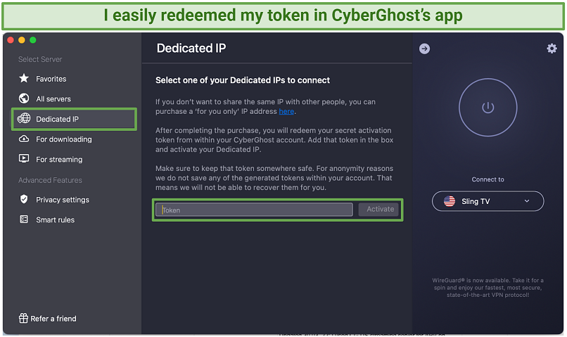 A screenshot of CyberGhost's macOS app showing where you can redeem your token to receive a dedicated IP