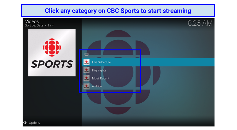 A screenshot showing the CBC Sports addon has a simple interface