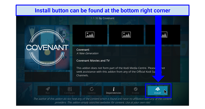 A screenshot showing the actual location of the Install tab on the Covenant addon.