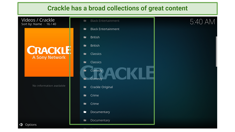 A screenshot showing the Crackle addon has a solid collection of great content.
