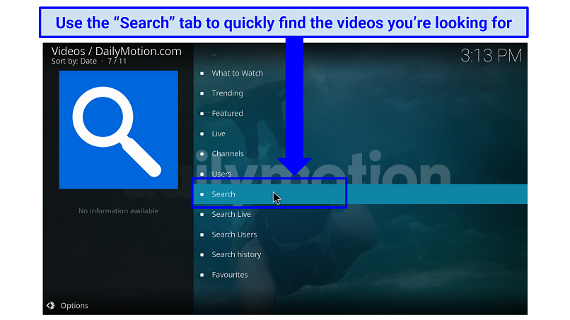 A screenshot showing the Dailymotion Kodi addon's search tab that let you find videos quickly