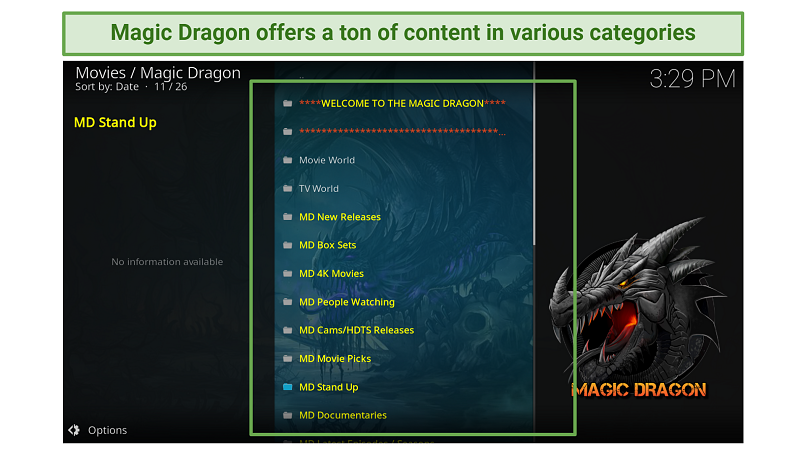 A screenshot showing the Magic Dragon Kodi addon has its content placed into different categories.